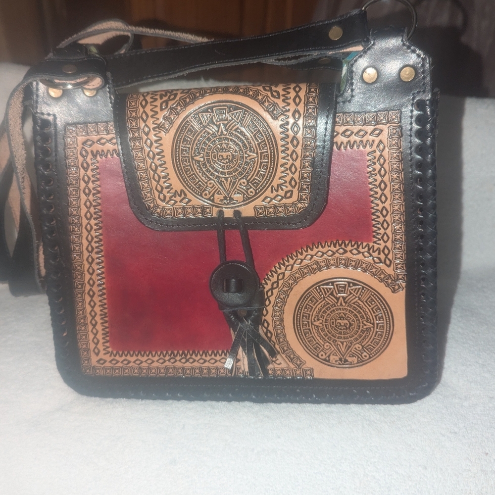 Handcrafted Leather Tooled Shoulder Bag - Black, Red, and Tan - Picture 1 of 9